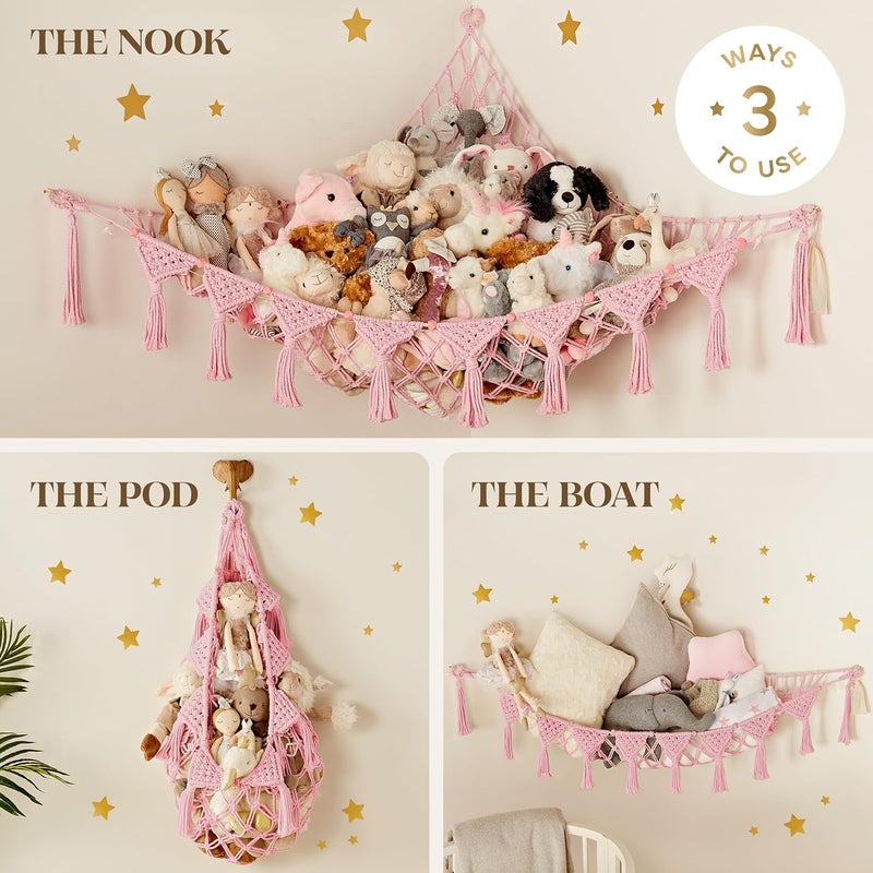 TIDYTEDS Stuffed Animal Hammock Corner | Sturdy Handcrafted Stuffed Animal Net | 4mm Double Macrame Cord Stuffed Animal Holder | Natural 100% Cotton Plushie Net | Toy Hammock w/LED Light (Pink) - Image 4